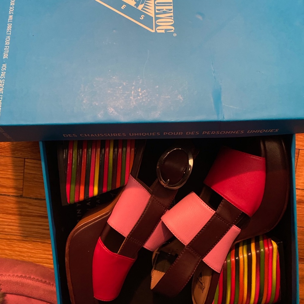 John Fluevog Red and Pink Rainbow Wedge Sandals - Picture 6 of 6